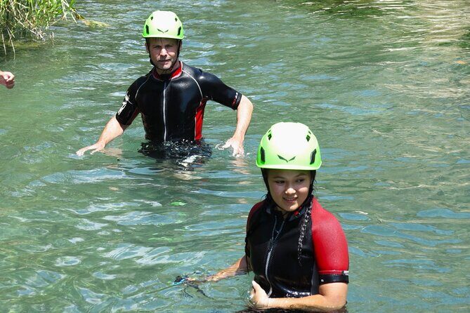 River Trekking at Kourtaliotiko Gorge - Gear on you: neoprene suits, poles, and helmets (not optional fluff)